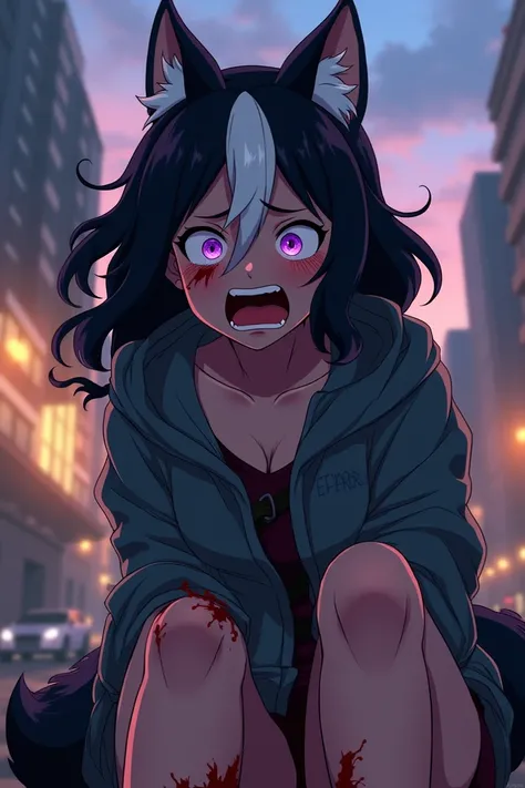  my hero Academia ,  image of an anime girl ,  wavy black hair with white locks, purple eyes,  ears and wolf tail ,  underwear ,  with a jacket covering her ,  blood between her legs , city, Evening, crying out loud ,  disheveled hair,  in the style of my ...