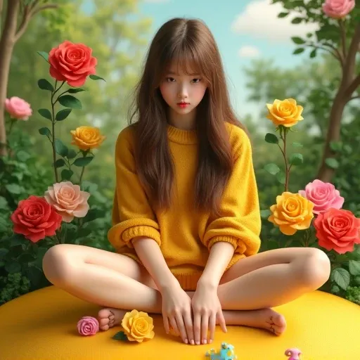 1 ,  high resolution,  long hair, Rice, fringe,  Brown Hair , hair, toys, (( small yellow planet with trees))  high resolution 8k , sitting,  ornamental roses around , In Vilto Água  