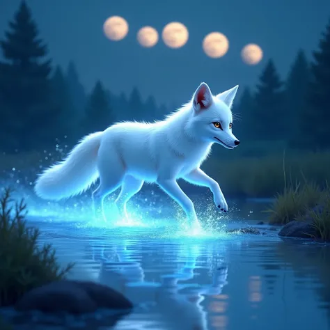  A white male fox runs through a stream.  The water illuminates bluish with every step .  Very important to mention is ,  that this white fox is a pure-hearted , Good soul is ,  which is why the white fox is surrounded by a blue ,  magical light is . In th...