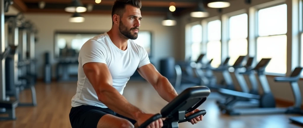 a fit muscular man on a gym exercise bike, realistic gym environment, wearing a white t-shirt and black shorts, realistic details, high quality, photorealistic, 8k, ultra-detailed, sharp focus, physically-based rendering, studio lighting, vivid colors, bea...