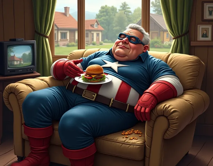 fat captain america eating burger while siting on sofa and watching tv in a village
