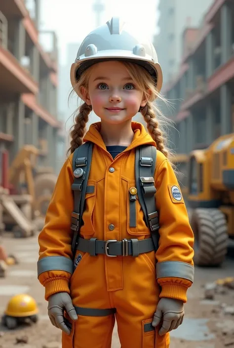  four-year-old girl dressed as an engineer, wearing white helmet and full body 