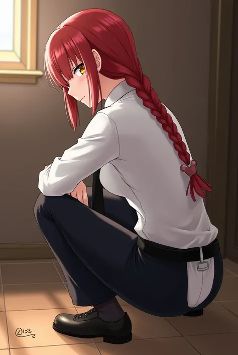 masterpiece, best quality, ultra-detailed, Squat, squatting, from behind,makima (chainsaw man), 1girl, absurdres, bangs, indoors, black necktie, black pants, braid, braided ponytail, collared shirt,  highres, long hair, long sleeves, necktie, red hair, rin...