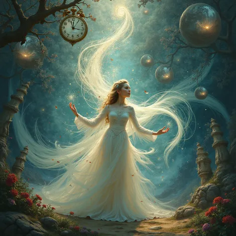 Illustrate a character who is a literal dream weaver, crafting dreams using threads of light and shadow. Surround them with a chaotic array of dream-like elements, such as floating clocks, upside-down landscapes, and whimsical creatures, all merging into a...