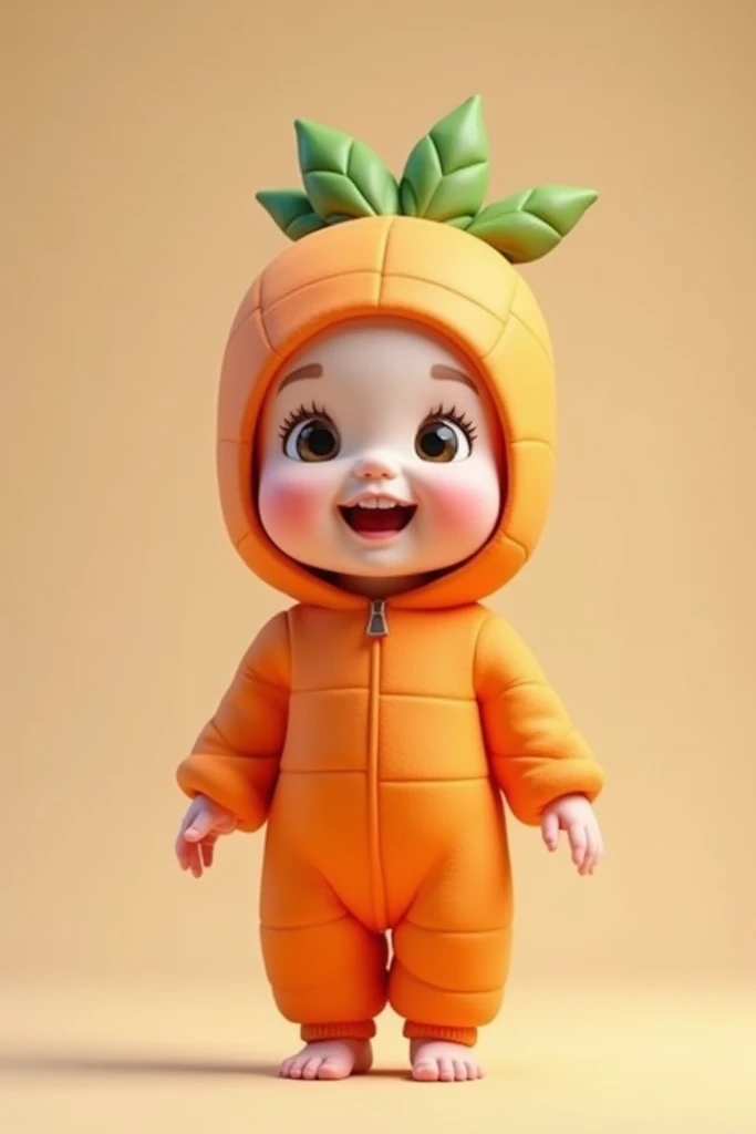 Create for me an image of a  baby with a cute round white face and a beautiful smile, dressed up as a carrot, full body visible, the baby is standing, I want the most realistic image of the baby, does the baby smile? has gently bulging cheeks
