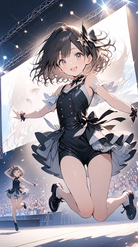 Masterpiece, high quality, 16K, Makoto Shinkai illustration, detailed background, petite woman, young woman, beautiful face, long eyelashes, fair skin, full body, thin legs, beautiful thighs, dark hair, short cut, hair decoration, idol, sparkling eyes, big...