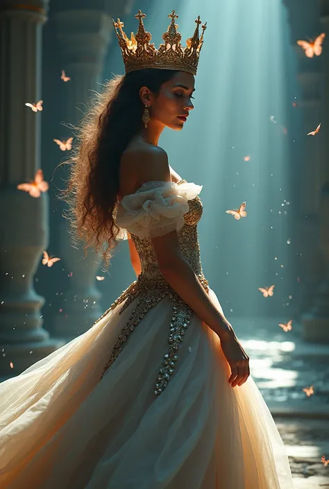  Elaborate crown, flowing gown with intricate embroidery, and magical effects like glowing butterflies or floating gemstones. Background could be a grand palace or mystical landscape. dramatic vibe, detailed image, high realistic cinematic lighting, cinema...