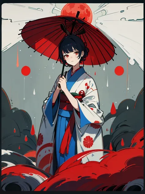 a doll wearing a red and blue kimono holding an umbrella against the background in a shady forest with rain and a red moon and with a shadow behind her with white eyes holding the dolls shoulders .