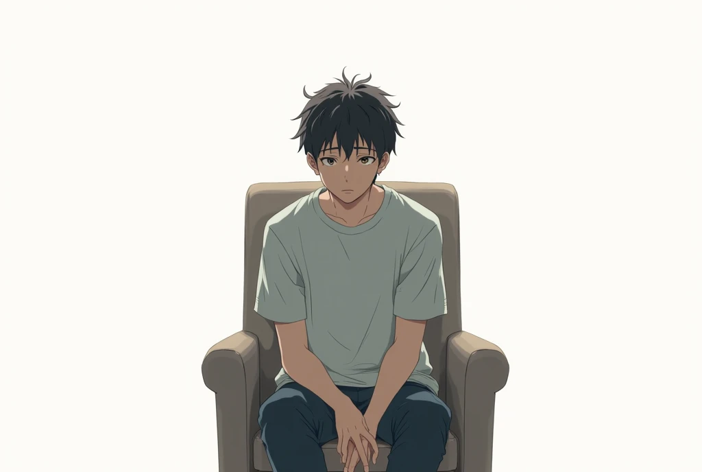 boy age 17 sit in a chair in white background depression anime sad 
 