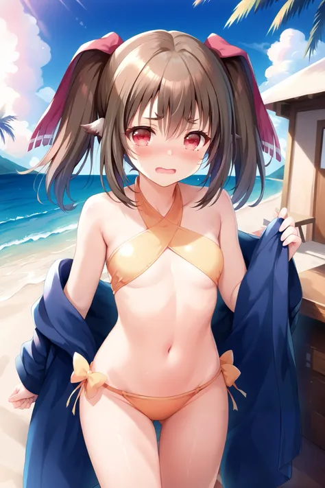 NSFW,masterpiece, best quality, high definition , Very detailed,Nekone(Utawarerumono),Brown Hair, twin tails, hair bow ,Red eyes,Embarrassed,blush,bikini,beach, palm trees,Beach House