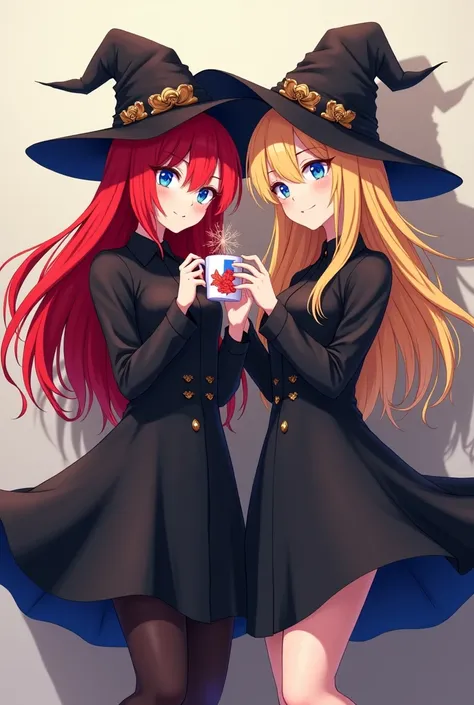  Two twin girls of 18 years old ,  one with red hair like Ruby , with blue eyes,  covered with a witchs hat in black with gold ,  cup with red and blue touches ,  with an orange and black witch dress that covers her entire body,  standing in front of a wal...