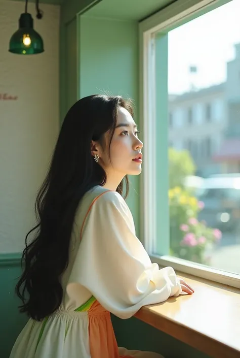 A photorealistic depiction of Yoon Seo-hyun sitting alone at a coffee cafe counter, gazing outside the window. The photo is shot from her side, capturing her calm and contemplative demeanor. She has an oval-shaped face with high cheekbones, flawless radian...