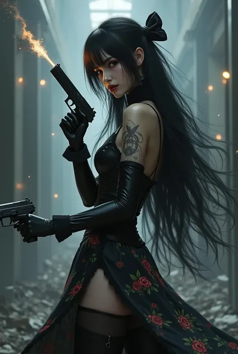  Woman with two guns pointing backwards without looking and shooting at a Diana Garcia in the back , looking forward, gothic woman,  eyes closed , beautiful legs, Long, high boots,  Big boobs , long , Floral skirt,  black hair, Long with bow and with squar...