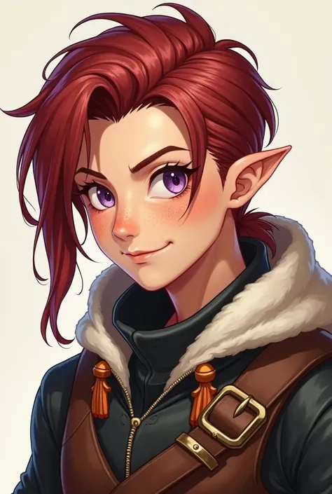 beautiful drawing, adventurers gear, handsome androgynous half elf with rounded pointed ears, lavender eyes smart, dark red hair below the shoulders combed back, fighter aesthetic, dark red hair, anime style, portrait, facing the camera, freckles, fluffy h...