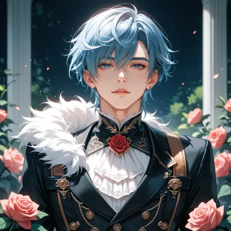 This illustration of a handsome man, refined in every detail, evokes the charisma and elegance of a stage performer. He has a sharp, chiseled face, short but long bangs, and a gothic suit. The background is a rose garden, with soft spotlights and ethereal ...