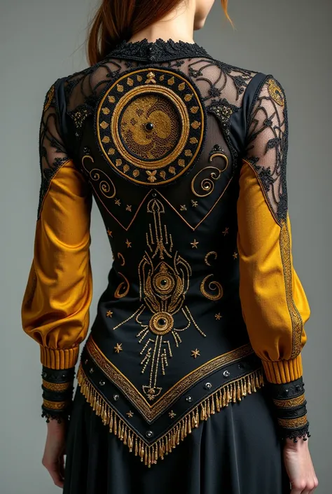 Back Design:

1. Central Motif:

A large circular motif symbolizing a galaxy, with a blend of stars, swirls, and geometric shapes.

Stars outlined with golden stones and black embroidery, with additional beadwork for texture.

Swirls of golden thread radia...