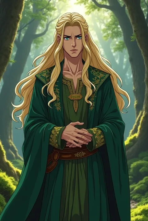 A handsome druid with long, flowing blonde hair and piercing blue eyes, exuding an aura of grace and quiet strength. His elegant medieval robes are rich green with intricate golden embroidery, flowing down in layers that add a regal, natural charm to his a...