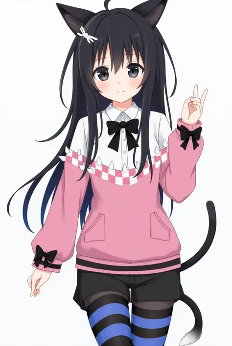  Anime girl with long black hair and ears that are pierced in two places. She wears a white cat clip on her bangs .  Her skin is pale and her eyes are big and black .  She has a pink checker with white spikes on her neck .  She wears a white shirt with bla...