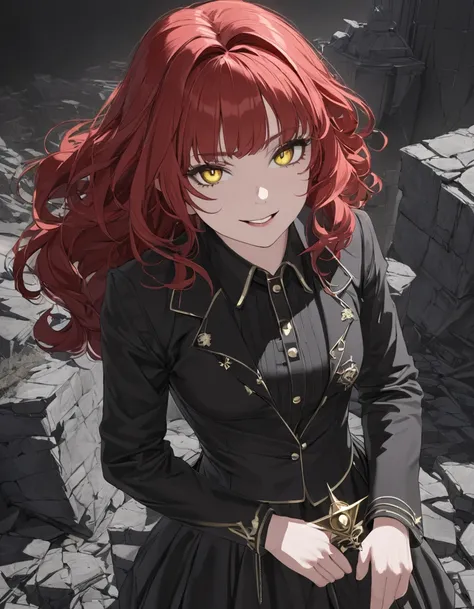 ((masterpiece)、(absurdres)、( Ultra detailed ), (8k), Anatomically Accurate ,(  Animated Illustration  :1.1),( mature women),(middle chest:0.8),( wavy hair :0.7),( long red hair:1.1),bangs, (yellow eyes),Girl with gold detail dark shady face ,grim smile , (...