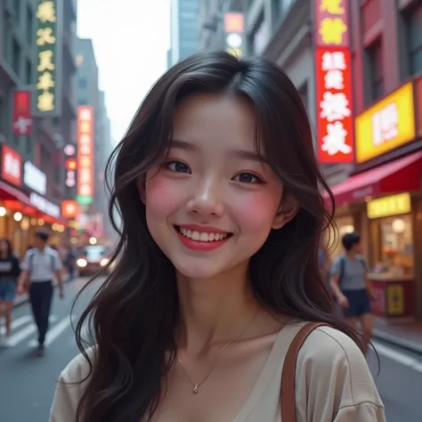 (photorealism:1.2), beautiful cute asian woman, smile happy, in road city