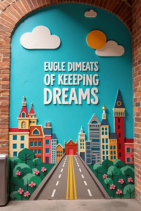 Photo of a motivational mural.  Include images of tangible dreams ,  such as a diploma or travel scenario ,  to create emotional connection . 