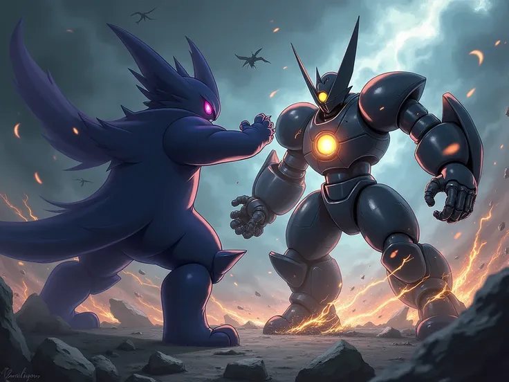 make a pokemon image with Dusknoir and Metagross together, attacking