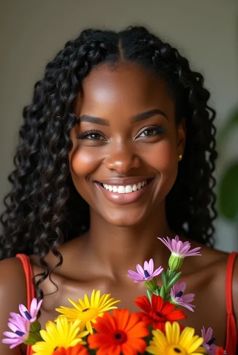 Smiling black girl ,  beautiful white teeth,  hair with fine braids,  with big breasts , plis size, holding flowers in hands 