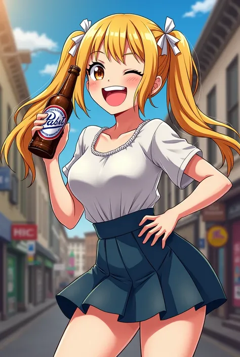  adult woman, Japanese illustration style,Grin, pabst ,Beer ,skirt twin tail , Blonde, 