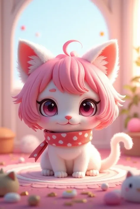  a chibi-style character with pink hair, White cat ears, white fur and an adorable scarf