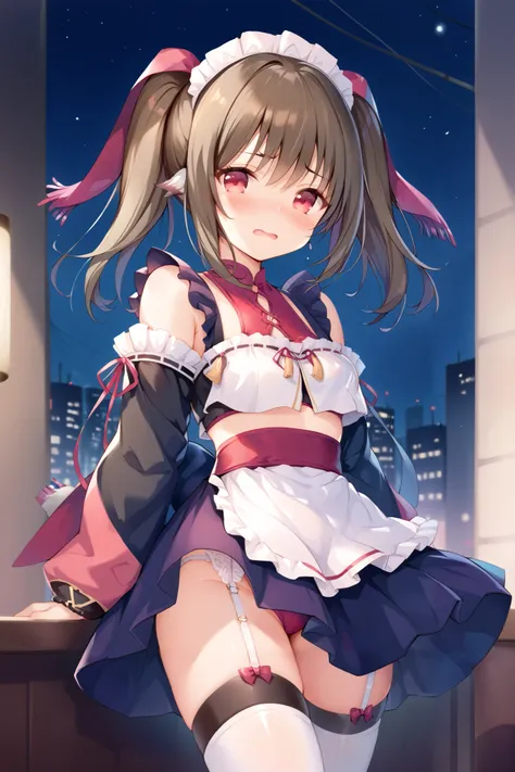 NSFW,masterpiece, best quality, high definition , Very detailed,Nekone(Utawarerumono),Brown Hair, twin tails, hair bow ,Red eyes,Embarrassed,blush, maid outfit , crop top, off-shoulder , miniskirt, Garter Straps , in the city at night