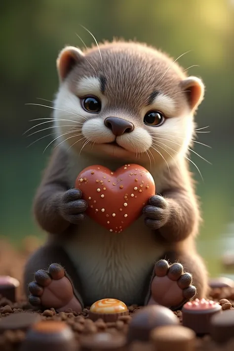  tender baby otter with chocolates, long vertical image 