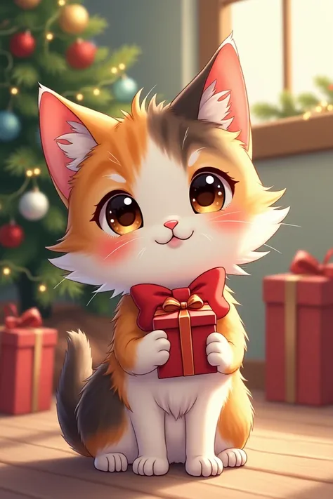 Un petit chat tricolor au poil long dans le style manga mignon avec un nœud rouge autour du cou. Un cadeau dans ses pattes avec écrit SUB dessus. Heureux et convivial dans une déco de Noël lumineuse