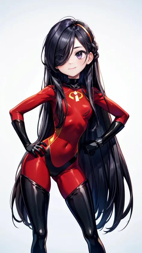 (whole body),masterpiece,   best quality ,  one girl who is at ease,  purple , Long Hair,  black hair,   has hair on one eye,  (red hero suit)， red bodysuit ，Black elbow gloves， black thigh boots ， thick thighs ，Place one hand on hip，upright， watch viewers...