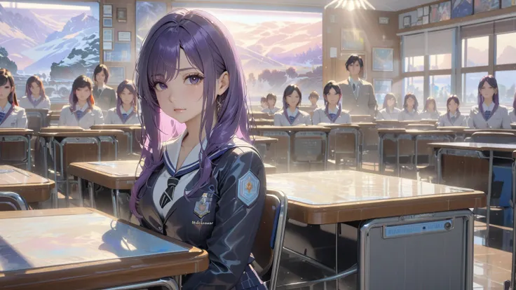  An eighteen-year-old young woman with long purple hair is sitting in a classroom in a sailor suit (School 1.5 ) ( serious expression , Cold 1.5) ( best quality: 1.1) (masterpiece: 1.3) with an unparalleled masterpiece, Hyper Reality 8k, Perfect artwork,  ...