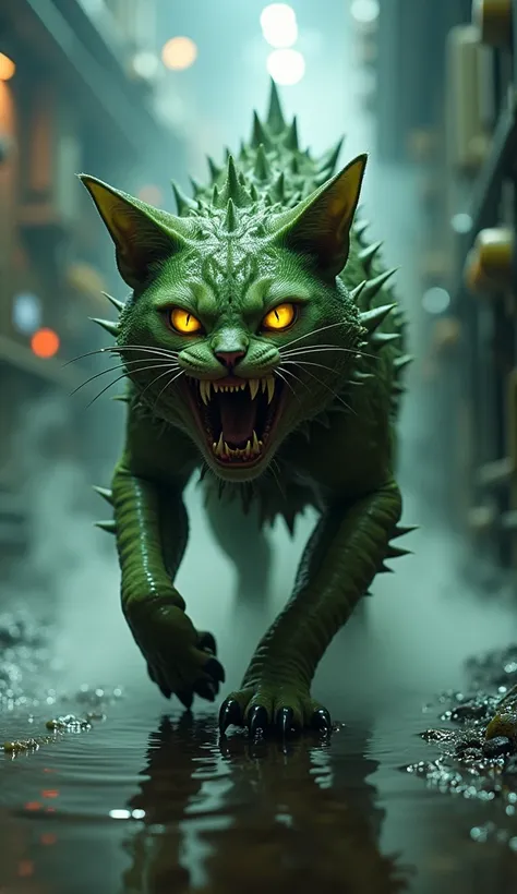 In a dark futuristic laboratory, with lights flickering and steam billowing into the air, a monstrous creature emerges. Its a grotesque cat, mutated into something terrifying. Its skin is green and shiny, covered in sharp bumps and spines. Its eyes glow a ...