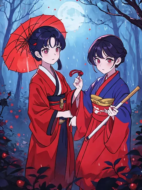 a witch wearing a red and blue kimono holding an umbrella against the background in a dark forest with rain and a red moon and with a shadow behind her with white eyes holding the dolls shoulders .