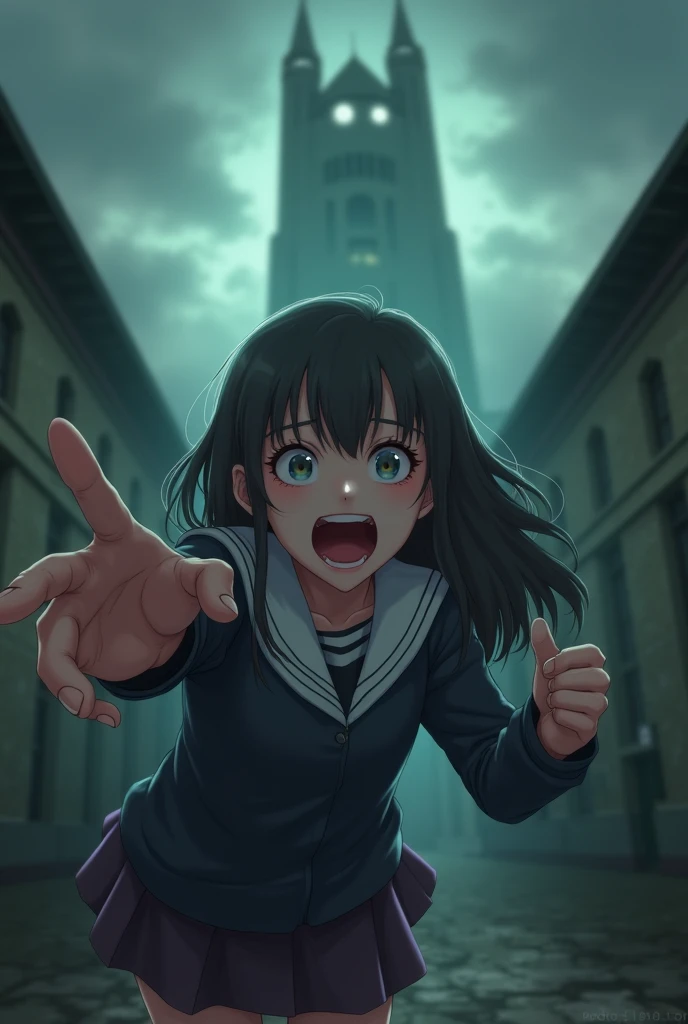 A terrified student after witnessing the ghost."

A teenage girl in a school uniform, her face pale with fear, wide eyes, and mouth open as if screaming. Her hands are trembling, pointing toward the ghostly tower in the background.