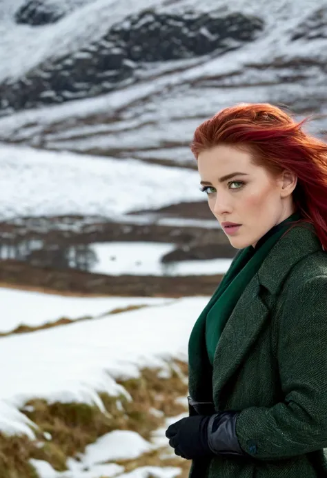 Red hair, green eyes, Amber Heard, long shot, walking in snow, Scottish highlands