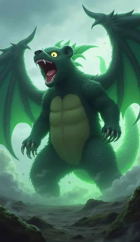 A Very Clear and high quality 8k Ultra HD Dynamic image of A monstrous hybrid of a grizzly bear and Rayquaza, the creature towers over the land, with massive wings extending from its back. Its fur is thick and dark, mixed with green scales, and it glows om...