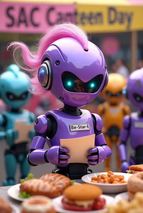 Create a generate hyper-realistic purple robot had hair with Be-Star-E nametag evaluating other robot food while holding paper at a food festival at school with many different colors robots watching. having banner "SAC CANTEEN Day" at the back 4K UHD