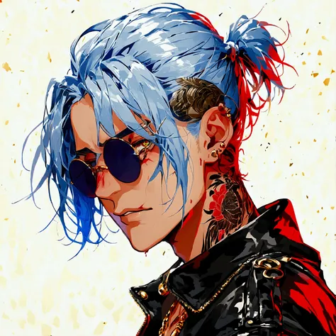 Alone, 1 male,   blonde hair mash hair  , ponytails bleeding from the vagina,Man Bun,Swinging Hair,  eyes ,round sunglasses  , Leather Jacket , perfect eye details ,, perfect eye details ,Ear Piercing,tattoo, Yankee,,    gold necklace   ,    black suit flo...