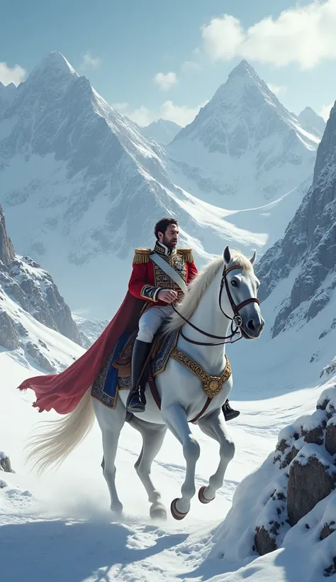 4K HD QUALITY A majestic image of Napoleon riding a white horse through snowy mountain paths, symbolizing his bold military campaigns.
