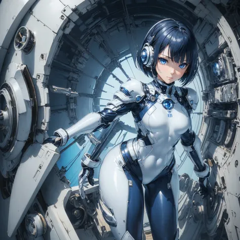 (masterpiece、 best quality、 highest resolution、Clear_image、Detailed details): (Whole body、A 20 year old girl、Japanese Faces、 small face、 slender、 dark blue super short bob cut hair、(Hidden small breasts:1.3)、 Sparkling Blue Eyes 、Shiny pilot suit in white,...