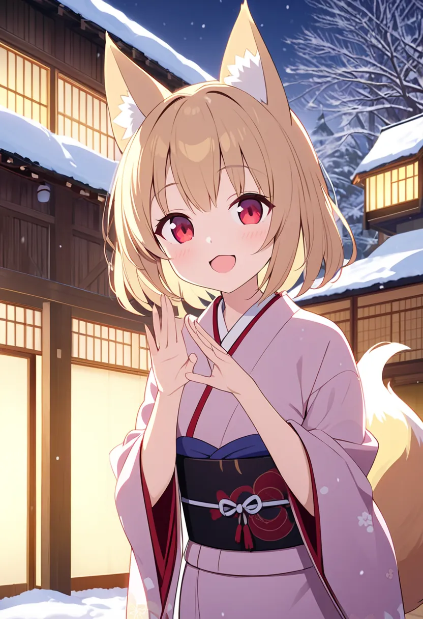 best quality、 very cute 、細身の体、very small、 cat fox ears and tail、red eyes、yellow long hair 、 hair that flutters like、snow scene、o...