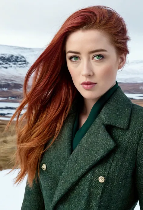 Red hair, green eyes, Amber Heard, long shot, walking in snow, Scottish highlands