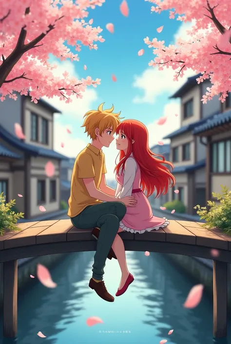 Manga movie about a blond boy and a girl with red hair kissing on a bridge between houses