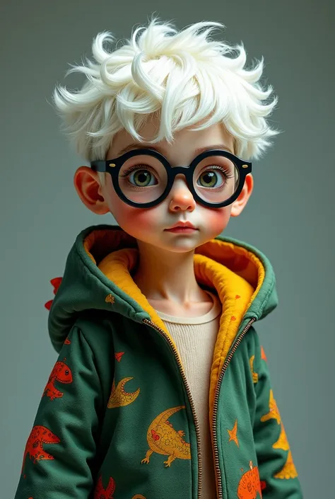 A white-haired boy wearing dark glasses with a dinosaur robe 