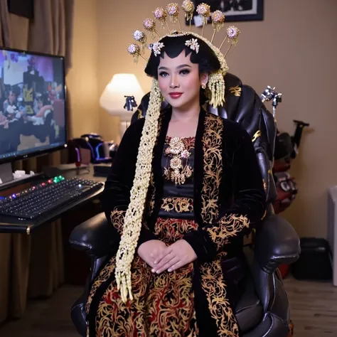 Korean girl Asian traditional dress javanes long sleeves color hiitam. black long skirt. ((Big boobs 2 .3)). sitting on a gaming chair. white shoes.  cross legs .  Room background full of LED lights .  Detailed finger fingers .  Highly detailed hands .  Ro...