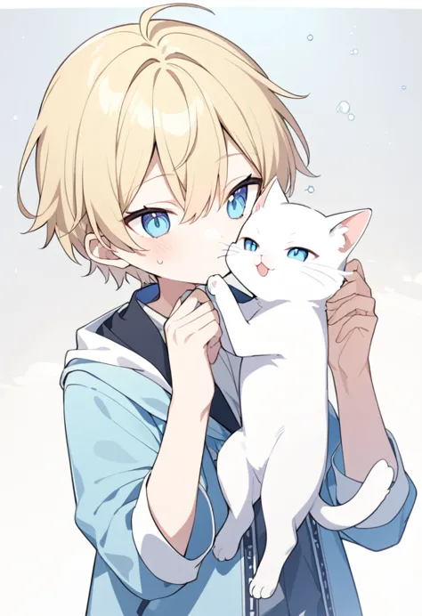 1 boy 、blonde(( very short))、 hair between eyes、light blue eyes、🩵、light blue jacket 、 holding a white cat