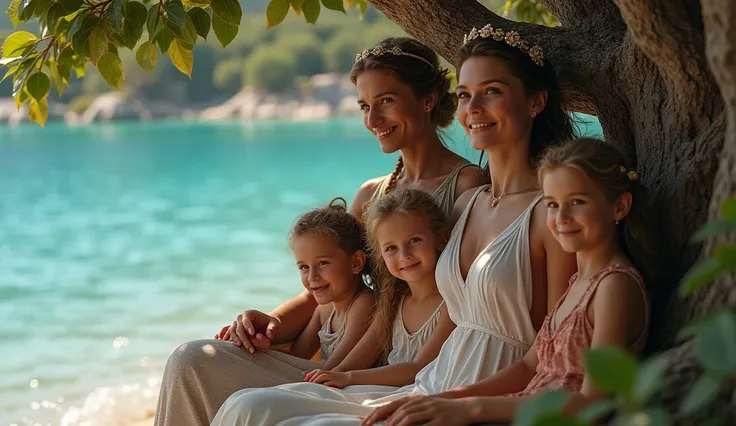 Close View, ancient roman couple of goddess keto and God Phorcys with their 3 daughters, happy family, under a tree beside a sea, summer Seaview in background, ultra realistic, unreal engine, ultra detailed.